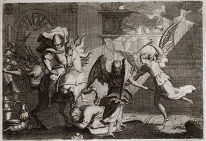 Bibel von Royaumont, Altes Testament: Heliodor wird aus dem Tempel vertrieben. Heliodor (Heliodoros), der von seinem Herrscher geschickt wurde, um den Tempel von Jerusalem zu plündern, wurde von Engeln mit Ruten geschlagen. Illustration von 1811.
