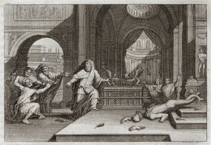 Royaumont-Bibel, Altes Testament: Idol von Dagon. Und als die Philister die Bundeslade in den Tempel neben Dagon, ihren Gott, stellten, brachte sie ihr Idol zu Fall und schlug sie alle mit einer sehr schweren Plage, die sie zwang, sie wegzuschicken. Illus von Unknown artist