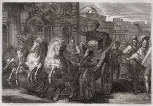 Royaumont-Bibel, Altes Testament: Jezabel wird von Hunden gefressen. Jehu lässt Jezabel aus einem Fenster werfen, und sie wird von Hunden gefressen. Illustration von 1811. von Unknown artist