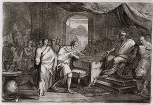 Bibel von Royaumont, Altes Testament: Joachim befreit aus den Ketten. Evilmerodach, König von Babylon, behandelt Joachim, den ehemaligen König von Juda, nach dem Tod von Nebukadnezar II. gut und befreit ihn aus den Ketten. Illustration von 1811. von Unknown artist