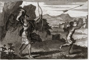 Bibel von Royaumont, Altes Testament: Jonathan und David. Und als Jonathan die Bitterkeit seines Vaters sah, warnte er David, sich zurückzuziehen. Illustration von 1811.