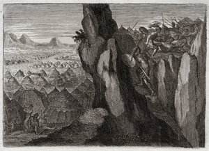 Bibel von Royaumont, Altes Testament: Jonathan und sein Knappe. Jonathan, der Sohn von König Saul, geht allein mit seinem Knappe ins Lager der Philister und schlägt sie in die Flucht. Illustration von 1811.