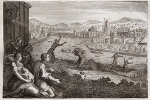 Bibel von Royaumont, Altes Testament: Hebammen von Ägypten. Der Pharao lässt die männlichen Kinder der Israeliten in den Nil werfen. Illustration von 1811. von Unknown artist