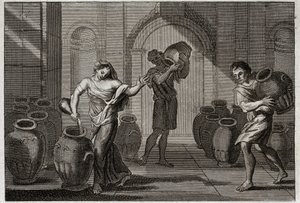 Bibel von Royaumont, Altes Testament: Wunder von Elise. Eine von ihren Gläubigern gequälte Witwe nutzt Elises Wohltätigkeit, dieser Prophet befiehlt ihr, viele Gefäße von ihren Nachbarn zu leihen, die sie mit Öl füllt, das sie noch übrig hatte. Illustratio von Unknown artist