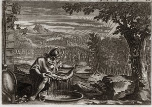 Bibel von Royaumont, Altes Testament: Das Wunder des Vlieses. Gedeon (Gideon) erhielt von Gott das Wunder des Vlieses als Beweis, dass er ihn auserwählt hatte und dass er ihn zum Befreier seines Volkes machen würde. Illustration von 1811.