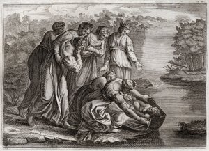 Royaumont-Bibel, Altes Testament: Moses rettet aus den Wassern. Die Tochter des Pharao zog Moses aus den Wassern des Nils und adoptierte ihn als ihren Sohn. Illustration von 1811. von Unknown artist