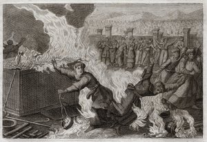 Bibel von Royaumont, Altes Testament: Nadab und Abiu. Nadab (Nadav) und Abiu (Abihou), die Söhne Aarons, die ein fremdes Feuer in ihren Räucherwerken entzündeten, um Gott Weihrauch darzubringen, wurden im Tabernakel selbst verbrannt. Illustration von 1811.