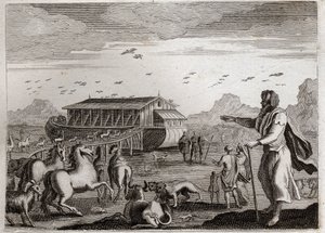 Bibel von Royaumont, Altes Testament: Arche Noah. Gott, verärgert über die Vergehen der Menschen, beschließt, alle mit einer Sintflut zu bestrafen; und um Noe, der gerecht war, zu retten, befiehlt er ihm, die Arche zu bauen. Illustration von 1811. von Unknown artist