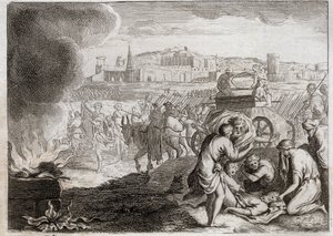 Royaumont-Bibel, Altes Testament: Oza wird von Gott geschlagen. David will die Bundeslade nach Hause bringen. Oza starb, als er seine Hand darauf legte, um sie vor dem Fallen zu bewahren. Illustration von 1811 von Unknown artist