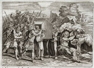 Royaumont-Bibel, Altes Testament: Durchquerung des Jordan. Josua bringt den Jordan zum gesamten Volk. Dieser Fluss trocknet aus, und die Priester, die die Bundeslade trugen, kamen hinein; und die Wasser stiegen auf und blieben wie ein Berg hängen. I