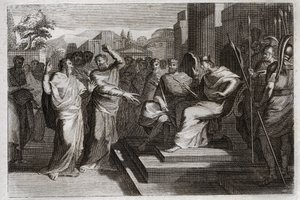 Royaumont-Bibel, Altes Testament: Frömmigkeit von Josaphat. Josaphat, der frommste König von Juda, lässt alle Fürsten um ihn herum erzittern und zeigt auf verschiedene Weise seine Frömmigkeit gegenüber Gott, was ihn siegreich über seine Feinde machte. Illu von Unknown artist
