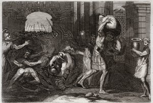 Royaumont-Bibel, Altes Testament: Vorhersage von Elisa. Ein Herr von Samaria, der die Worte von Elisa missverstanden hat, wird zu seinen Füßen niedergetrampelt. Illustration von 1811 von Unknown artist