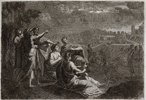 Royaumont-Bibel, Altes Testament: Prophezeiungen über Jerusalem. Gott hat Waffen in die Luft über Jerusalem gegeben, um ihr die Übel zuzufügen, die auf sie herabregnen sollten. Illustration von 1811.