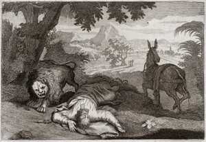 Bibel von Royaumont, Altes Testament: Ungehorsamer Prophet. Ein Prophet, der Jerobeam von seinem gottlosen Weg abgebracht hat, wird von einem Löwen getötet, weil er dem Herrn nicht gehorcht hat, der ihm verboten hatte, an diesem Ort zu essen und zu trinken von Unknown artist