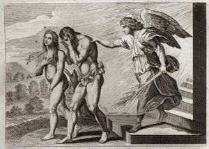Royaumont-Bibel, Altes Testament: Bestrafung von Adam. Gott vertreibt Adam und Eva aus dem Paradies nach ihrem Fall und stellt einen Cherubim an die Tür, um ihren Eintritt zu verteidigen. Illustration von 1811. von Unknown artist