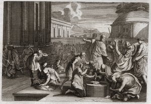 Bibel von Royaumont, Altes Testament: Bestrafung von Adonibesec. Josuas Tod. König Adonibesec (Adonibesech, Adoni Bezek, Adoni-Bezek) wurde von den Juden besiegt und ihm wurden die Enden seiner Füße und Hände abgeschnitten, wie er es bei siebzig Königen ge von Unknown artist