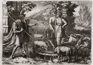 Royaumont-Bibel, Altes Testament: Rahel und Lea. Jakob dient Laban, seinem Onkel, um dessen Tochter Rahel zu heiraten. Illustration von 1811. von Unknown artist