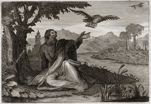 Bibel von Royaumont, Altes Testament: Raben des Elija. Gott schlug die Erde mit einer dreijährigen Dürre und schickte den Propheten Elija an einen Bach, wo ihm zwei Raben Nahrung brachten. Illustration von 1811. von Unknown artist