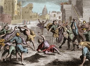 Bibel von Royaumont, Altes Testament: Darstellung des Schismas von Rehabeam, das das Königreich Israel nach Salomos Tod teilte - sein Volk schickt Abgeordnete zu Rehabeam, seinem Sohn, der, indem er den Rat der jungen Männer dem der alten Männer vorzieht, 