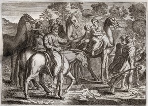 Royaumont-Bibel, Altes Testament: Rückkehr von Jakob. Jakobs Rückkehr ins Land Kanaan mit seinen Frauen, Rachel und Lea, und seinen Kindern. Illustration von 1811.