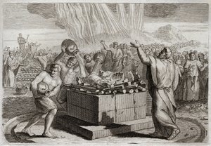 Bibel von Royaumont, Altes Testament: Opfer des Elija. Und nachdem er den wahren Gott durch das Wunder des Feuers, das auf sein Opfer herabkam, bekannt gemacht hatte, befahl er dem Volk, die vierhundertfünfzig Priester des Baal-Idols zu töten. Illustration