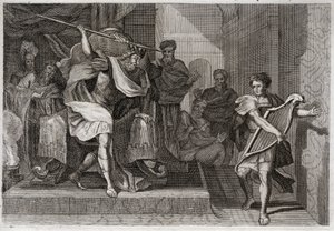 Royaumont-Bibel, Altes Testament: Saul will David töten. Saul, voller Zorn und Neid gegen David, will ihn mit seinem Speer durchbohren, als er vor ihm die Harfe spielte. Illustration von 1811. von Unknown artist