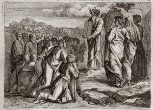 Bibel von Royaumont, Altes Testament: Zweite Tafeln des Gesetzes. Gott gibt Mose andere Tafeln (Zehn Gebote), die das Volk mit Respekt empfängt. Illustration von 1811. von Unknown artist