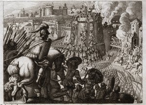 Bibel von Royaumont, Altes Testament: Belagerung von Jerusalem. Nebukadnezar II. belagerte Jerusalem, nahm es ein und brachte alle Reichtümer und Einwohner dieser Stadt nach Babylon. Illustration von 1811.