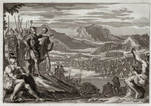 Royaumont-Bibel, Altes Testament: Soldaten von Gideon. Gott befiehlt Gideon, alle seine Truppen zum Jordanfluss zu führen, und gibt ihm ein Zeichen, um diejenigen zu erkennen, die er im Kampf gegen die Midianiter einsetzen soll. Illustration von 1811. von Unknown artist