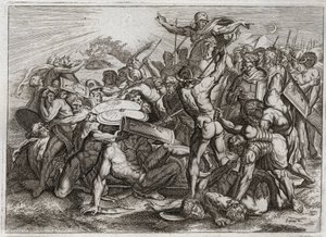 Royaumont-Bibel, Altes Testament: Sonnenstopp. Josua verfolgt seine amoritischen Feinde (Amoriter) und lässt die Sonne stillstehen, damit er mehr Zeit hat, sie zu besiegen. Illustration von 1811. von Unknown artist