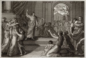 Bibel von Royaumont, Altes Testament: Susanna befreit. Gott nutzt die Weisheit des jungen Daniel, um Susanna vom Tod zu befreien, zu dem sie ungerechterweise verurteilt worden war. Illustration von 1811.