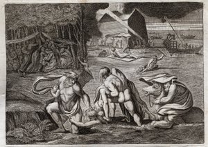 Bibel von Royaumont, Altes Testament: Die Sintflut. Die Sintflut überschwemmt die ganze Erde. Die einzige Arche rettet diejenigen, die darin eingeschlossen waren, vor dem Untergang. Illustration von 1811. von Unknown artist