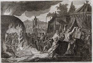 Bibel von Royaumont, Altes Testament: Die drei Kinder von Babylon im Feuerofen. König Nebukadnezar II. wirft drei junge Hebräer in einen brennenden Ofen, aus dem sie wundersam befreit werden. Sie heißen Ananias, Azarias und Misael (oder Schadrach, Meschach