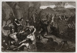 Royaumont-Bibel, Altes Testament: Diebe von Siceleg. Einige Amalekiter kommen, um Siceleg in Abwesenheit von David zu plündern. Er rennt wütend und besiegt sie. Illustration von 1811.