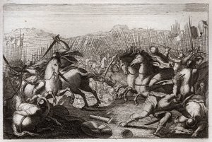 Bibel von Royaumont, Altes Testament: Sieg des Judas. Judas Makkabäus besiegte Apollonius, Seron, Ptolemaios Macron, Gorgias, Nikanor und Lysias in verschiedenen Schlachten. Illustration von 1811.