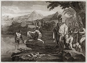 Royaumont-Bibel, Altes Testament: Krieg von Naaman. Naaman, General der Armee des Königs von Syrien, kam zum Propheten Elisa, um von seinem Aussatz geheilt zu werden. Illustration von 1811