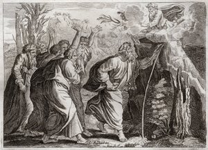 Bibel von Royaumont, Altes Testament: Wasser aus dem Felsen. Moses bringt Wasser aus dem Felsen und gibt dem Volk Israel zu trinken. Illustration von 1811. von Unknown artist