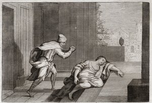 Bibel von Royaumont, Altes Testament: Frau des geschändeten Leviten. Die Frau des Leviten wurde tot an der Tür gefunden, nachdem sie von Schurken missbraucht worden war. Illustration von 1811.