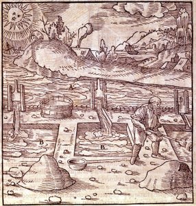 Bitumenernte. Georg Bauer Agricola „De Re metallica“ Buch des 16. Jahrhunderts. Bibl. des Wissenschaftsmuseums, Mailand. von Unknown artist