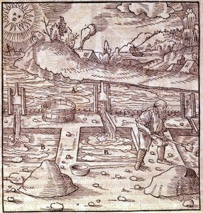 Bitumenrückgewinnung. Georg Bauer „Agricola De Re metallica“ Buch des 15. Jahrhunderts. Bibliothek des Wissenschaftsmuseums, Mailand. von Unknown artist