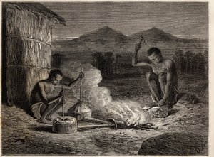 Schmiede in Simiango, an den Ufern des Sambesi-Flusses. Gravur zur Illustration von Dr. Livingstones ersten Reisen nach Südafrika von 1840 bis 1856, in 