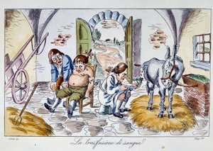 Bluttransfusion. Ein Arzt injiziert Pferdeblut in einen Patienten. Karikatur aus dem 19. Jahrhundert. Private Sammlung von Unknown artist