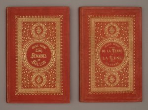 Buchcover „Fünf Wochen im Ballon“ und „Von der Erde zum Mond“ von Jules Verne von Unknown artist