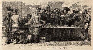 Buchmacher und Trödler im Wind, nahe dem Montanara-Platz, unter einem aufgestellten Zelt, Amateure und Kleriker wetteifern um ein Sammelsurium von Antiquitäten, einige lesen dort, andere feilschen mit Gesten. Gravur zur Illustration der Reise nach Rom, von von Unknown artist