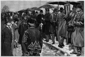 Buchmacher auf der Rennbahn von Auteuil, bevor die Pfosten entfernt wurden, in „Le Monde Illustré“ 1887