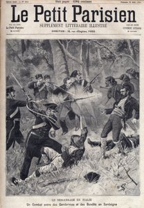 Banditentum in Italien: ein Kampf zwischen Gendarmen und Banditen in Sardinien. (Briganti Sardi, Sardegna) Gravur in „Le Parisien“ von Unknown artist