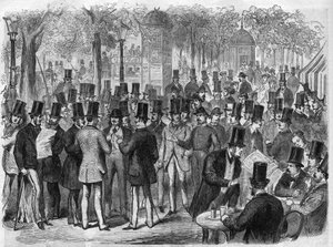 Makler in der Nähe der kleinen Börse am Boulevard des Italiens in Paris, Frankreich. Gravur in „Das illustrierte Universum“ von Unknown artist