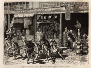 Bronzegeschäft in Yedo (oder Edo, heutiges Tokio), Spezialität der Stadt, präsentiert Objekte des buddhistischen Kultes: Glocken, Gongs, Trommeln, Vasen, Kandelaber, Räuchergefäße und Statuen, aber auch weniger rituelle Objekte wie Sake-Kannen, Lampen, Koh