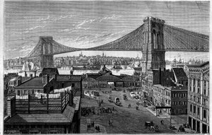 Brooklyn Bridge. Beginn 1869, zum Zeitpunkt der Gravur im Bau, wird sie 1883 fertiggestellt. New York (New York), Vereinigte Staaten (USA). Gravur in „La Nature: revue des sciences et de leurs applications aux arts et a l