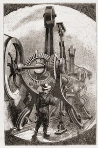Brunton-Maschine zum Tunnelbau in weichen Gesteinen - in „Die neuen Eroberungen der Wissenschaft: Elektrizität“ von Louis Figuier, sd. von Unknown artist